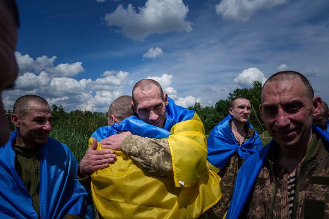 A Ukrainian serviceman hugs his comrade after he was part of a <a href="https://www.cnn.com/2024/06/05/europe/emaciated-ukrainian-pow-intl/index.html" target="_blank">prisoner-of-war exchange</a> with Russia on Friday, May 31. It was the fourth prisoner swap this year and the 52nd since Russia invaded Ukraine in February 2022.