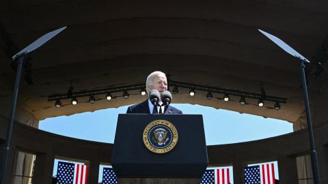 US President Joe Biden delivers a speech during the US ceremony marking the 80th anniversary of the World War II "D-Day" Allied landings in Normandy, at the Normandy American Cemetery and Memorial in Colleville-sur-Mer, which overlooks Omaha Beach in northwestern France, on June 6, 2024. The D-Day ceremonies on June 6 this year mark the 80th anniversary since the launch of 'Operation Overlord', a vast military operation by Allied forces in Normandy, which turned the tide of World War II, eventually leading to the liberation of occupied France and the end of the war against Nazi Germany. (Photo by SAUL LOEB / AFP) (Photo by SAUL LOEB/AFP via Getty Images)