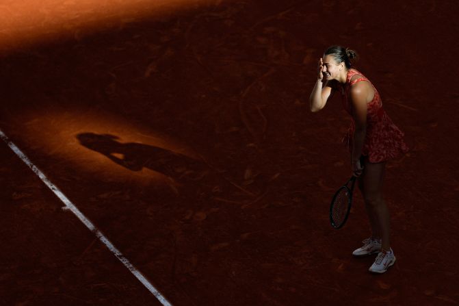 Aryna Sabalenka reacts after missing a shot against Mirra Andreeva during their quarterfinal match at the French Open on Wednesday, June 5. Andreeva won in three sets.