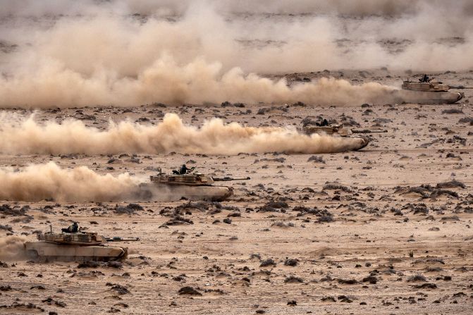 Abrams tanks are driven in southwestern Morocco's Tan-Tan region on Friday, May 31, during the annual "African Lion" joint military exercise involving US and Moroccan forces.