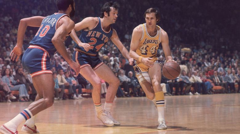 UNITED STATES - MAY 03:  Basketball: finals, Los Angeles Lakers Jerry West (44) in action vs New York Knicks Bill Bradley (24), Inglewood, CA 4/30/1973--5/3/1973  (Photo by George Long/Sports Illustrated via Getty Images)  (SetNumber: X17671)