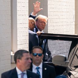 Former U.S. President Donald Trump departs after delivering remarks at a House Republicans Conference meeting at the Capitol Hill Club on June 13, 2024 in Washington, DC. Former President Donald Trump is expected to address Republican congressional members Thursday morning.