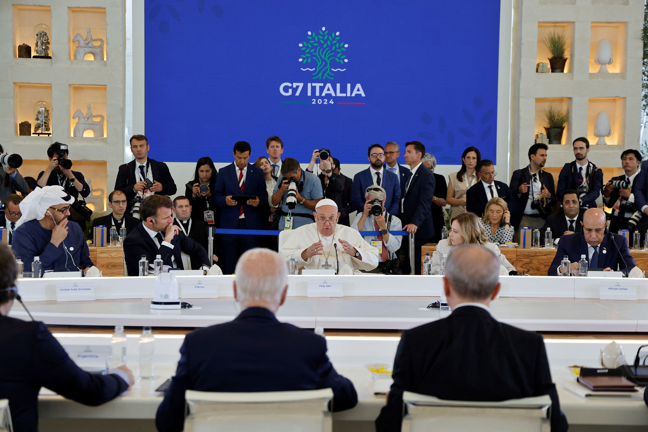 Pope Francis takes part in a working session on artificial intelligence during the G7 summit near Bari, Italy, in June 2024.