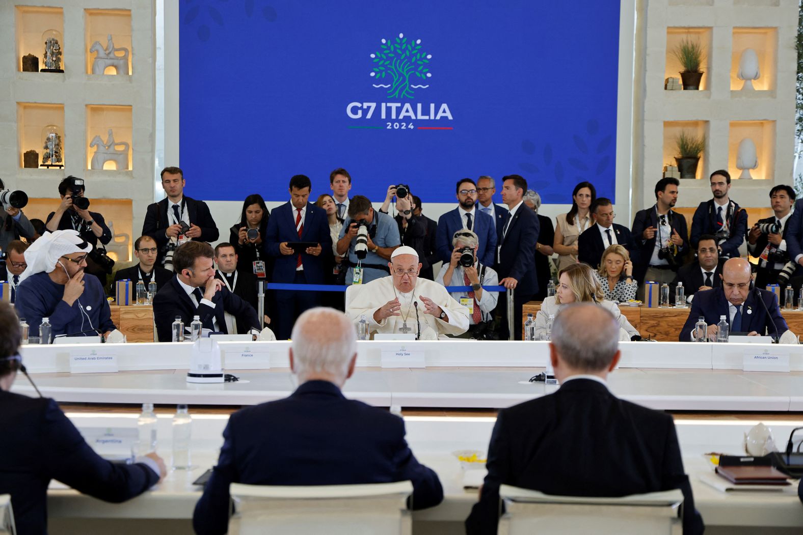 Pope Francis takes part in a <a  target="_blank">working session on artificial intelligence</a> during the G7 summit near Bari, Italy, in June 2024. Francis, the first pope to participate in the summit, is determined to use the soft power of his office to try to ensure that the development of AI serves humanity and does not turn into a 21st-century Frankenstein's monster.