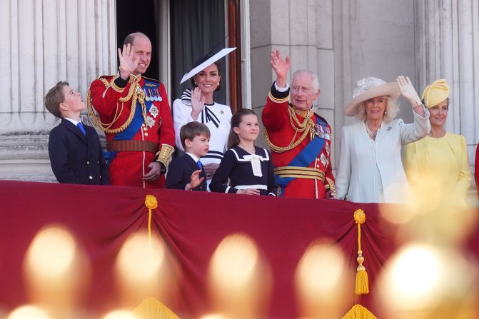 Prince George, Prince William, Prince Louis, Kate, Princess Charlotte, King Charles III, Queen Camilla and Sophie, Duchess of Edinburgh wave from Buckingham Palace during the Trooping the Colour ceremony in London in June 2024. This was Kate's <a href="index.php?page=&url=https%3A%2F%2Fwww.cnn.com%2F2024%2F06%2F15%2Fuk%2Ftrooping-the-colour-princess-kate-intl-scli-gbr%2Findex.html" target="_blank">first public appearance</a> since being diagnosed with cancer. 