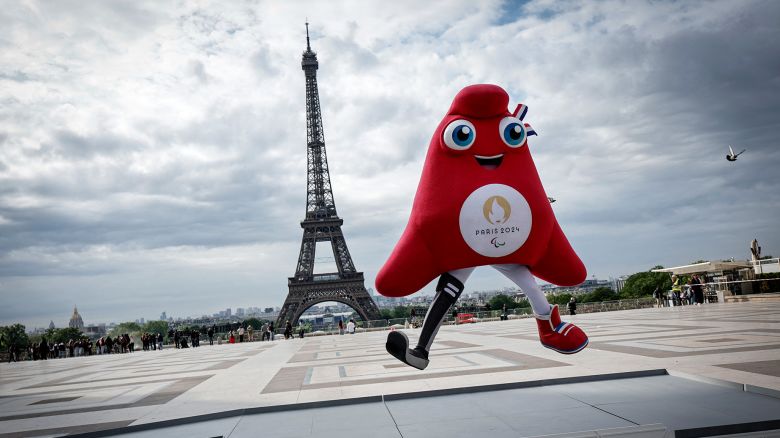 The Phryge, Paris 2024 Paralympics mascot, poses during a presentation to the press of the Paris 2024 podium on the Trocadero Parvis des Droits de l'Homme (Human Rights square) in front of the Eiffel Tower on May 23, 2024 in Paris. (Photo by STEPHANE DE SAKUTIN / AFP) (Photo by STEPHANE DE SAKUTIN/AFP via Getty Images)