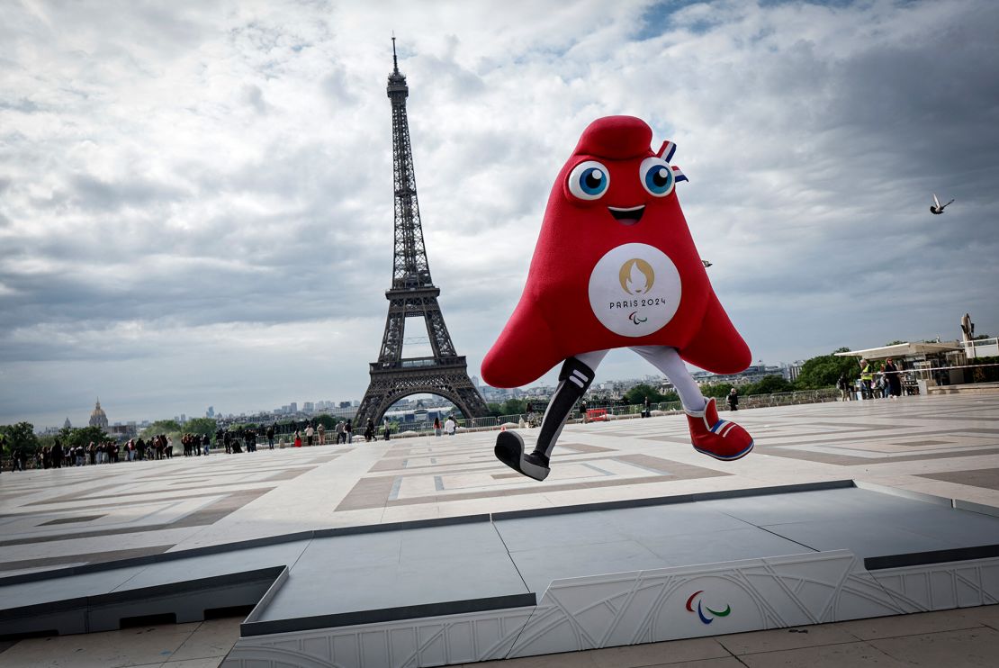 The Phryge, Paris 2024 Paralympics mascot, poses during a presentation to the press of the Paris 2024 podium on the Trocadero Parvis des Droits de l'Homme (Human Rights square) in front of the Eiffel Tower on May 23, 2024 in Paris. (Photo by STEPHANE DE SAKUTIN / AFP) (Photo by STEPHANE DE SAKUTIN/AFP via Getty Images)