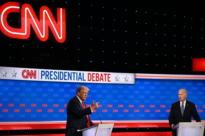 Former President Donald Trump, left, and President Joe Biden take part in the CNN presidential debate on Thursday, June 27.