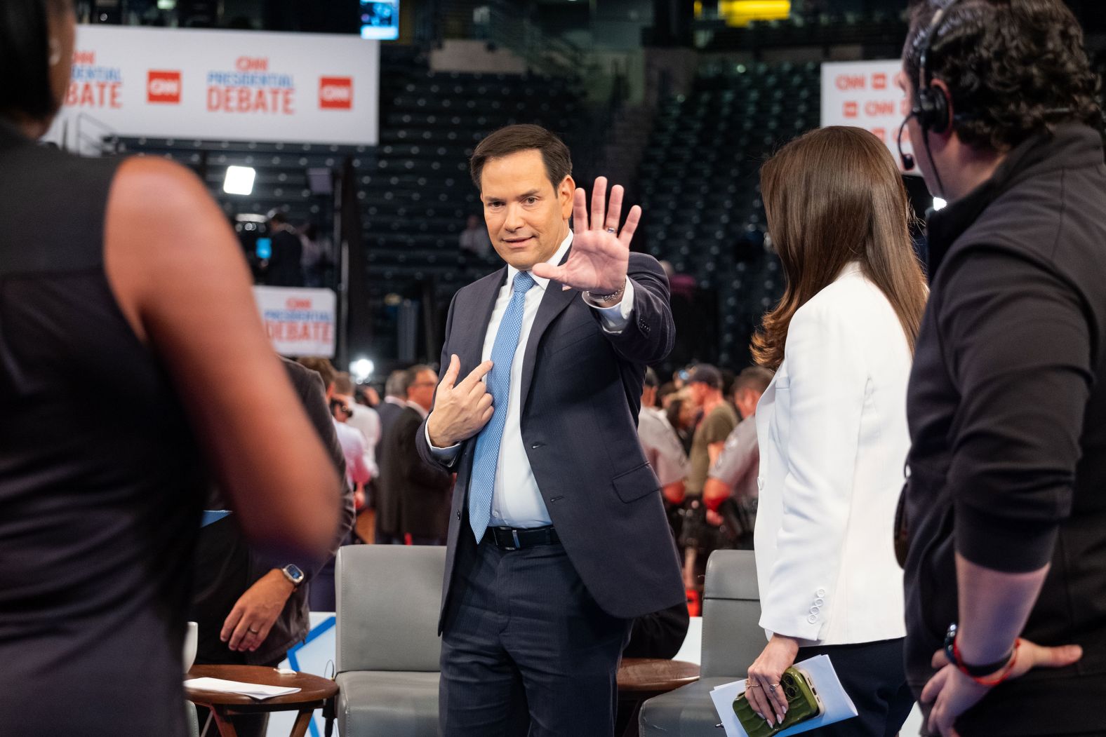 US Sen. Marco Rubio, <a href="https://www.cnn.com/2024/06/21/politics/donald-trump-vice-president-contenders/index.html" target="_blank">a potential pick for Trump's running mate</a>, waves in the spin room after the debate.