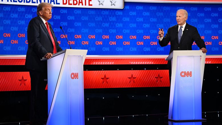 Former President Donald Trump and President Joe Biden debate at CNN's Atlanta studios on June 27, 2024.