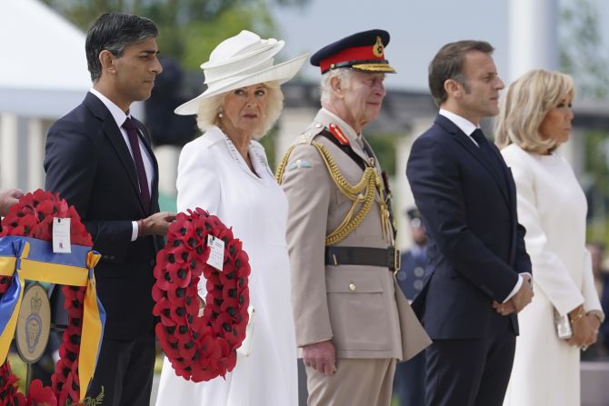 Sunak joins Queen Camilla, King Charles III, French President Emmanuel Macron and French first lady Brigitte Macron during a D-Day commemorative event in France in June 2024. Sunak later <a href="index.php?page=&url=https%3A%2F%2Fedition.cnn.com%2F2024%2F06%2F07%2Fuk%2Frishi-sunak-d-day-event-uk-election-gbr-intl%2Findex" target="_blank">apologized for leaving the D-Day commemorations</a> early in order to film a TV interview, a decision that prompted incredulity and further derailed his floundering general election campaign.