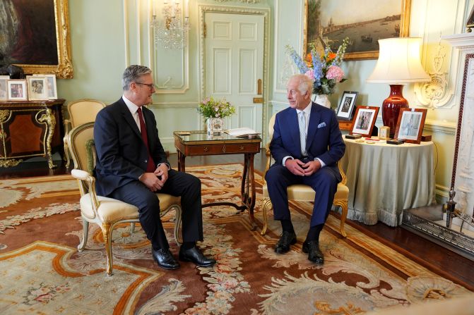 Starmer talks with King Charles III at Buckingham Palace after the election. The King invited Starmer to become prime minister and form a new government.