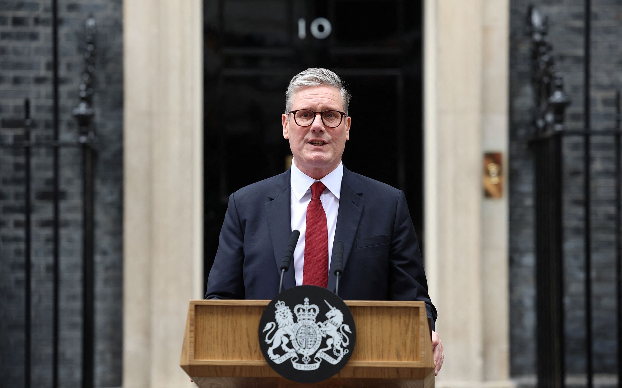 Starmer delivers his first speech as prime minister outside No. 10 Downing Street.