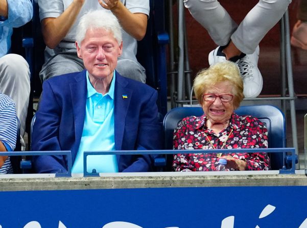 Bill Clinton and Dr. Ruth look on during the Women's Singles First Round match between Serena Williams of the United States and Danka Kovinic of Montenegro on Day One of the 2022 US Open at USTA Billie Jean King National Tennis Center on August 29, 2022 in the Flushing neighborhood of the Queens borough of New York City.