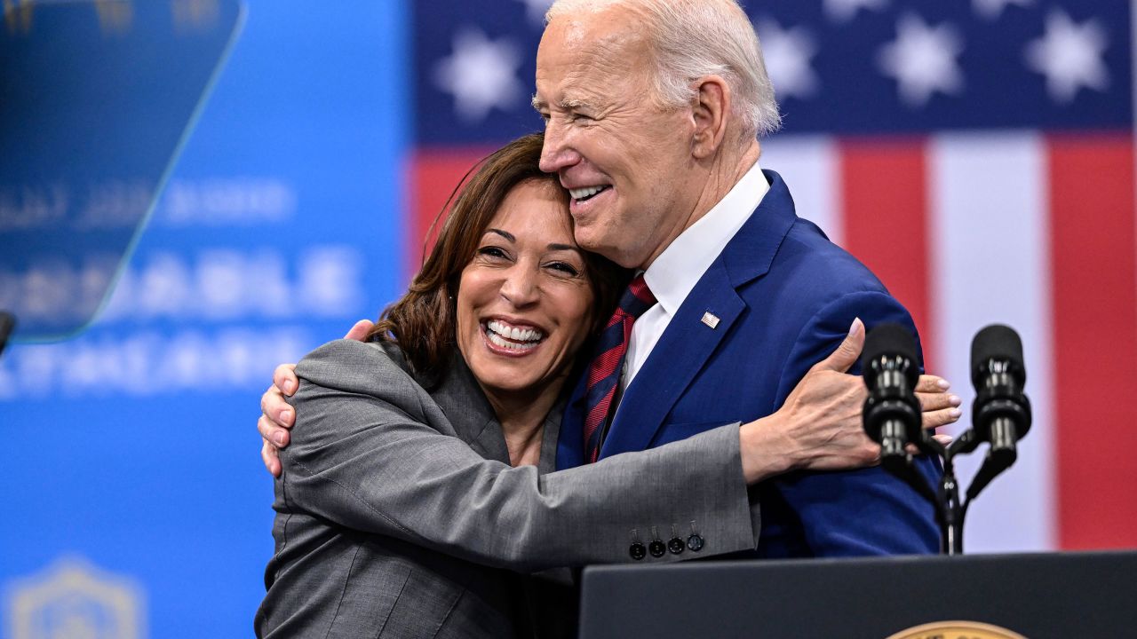 FILE - Vice President Kamala Harris embraces President Joe Biden after a speech on healthcare in Raleigh, N.C., March. 26, 2024. Harris has been the White House's first line of defense after President Joe Biden's faltering performance in last week's debate with Donald Trump. (AP Photo/Matt Kelley, File)