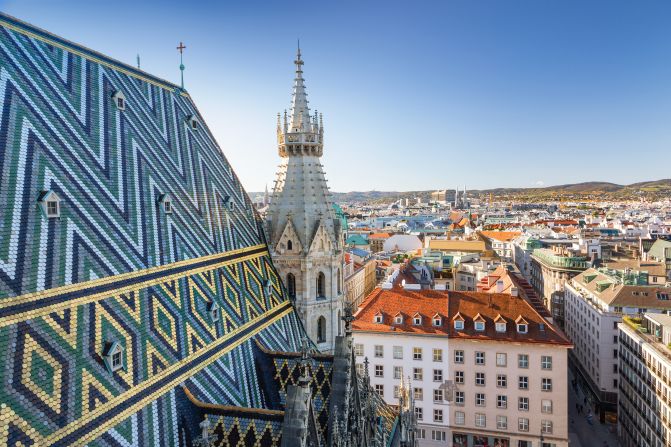 Daytime aerial view of Vienna city from observation deck of St. Stephen's Cathedral, Austria