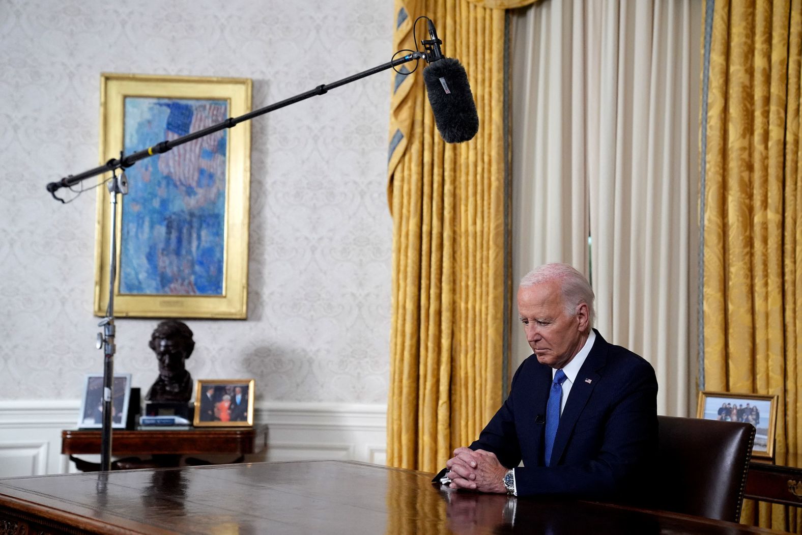 Biden speaks to the nation from the Oval Office in July 2024 on his decision to <a href="https://www.cnn.com/2024/07/24/politics/biden-oval-office-address-2024/index.html" target="_blank">step aside from the 2024 presidential race</a>, calling it a matter of saving democracy. "I revere this office. But I love my country more," he said.