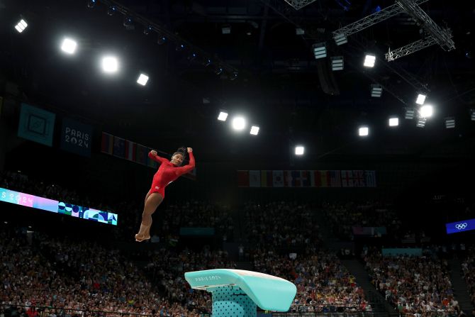 Biles competes in the individual vault final in August 2024. She took home the gold, her <a href=