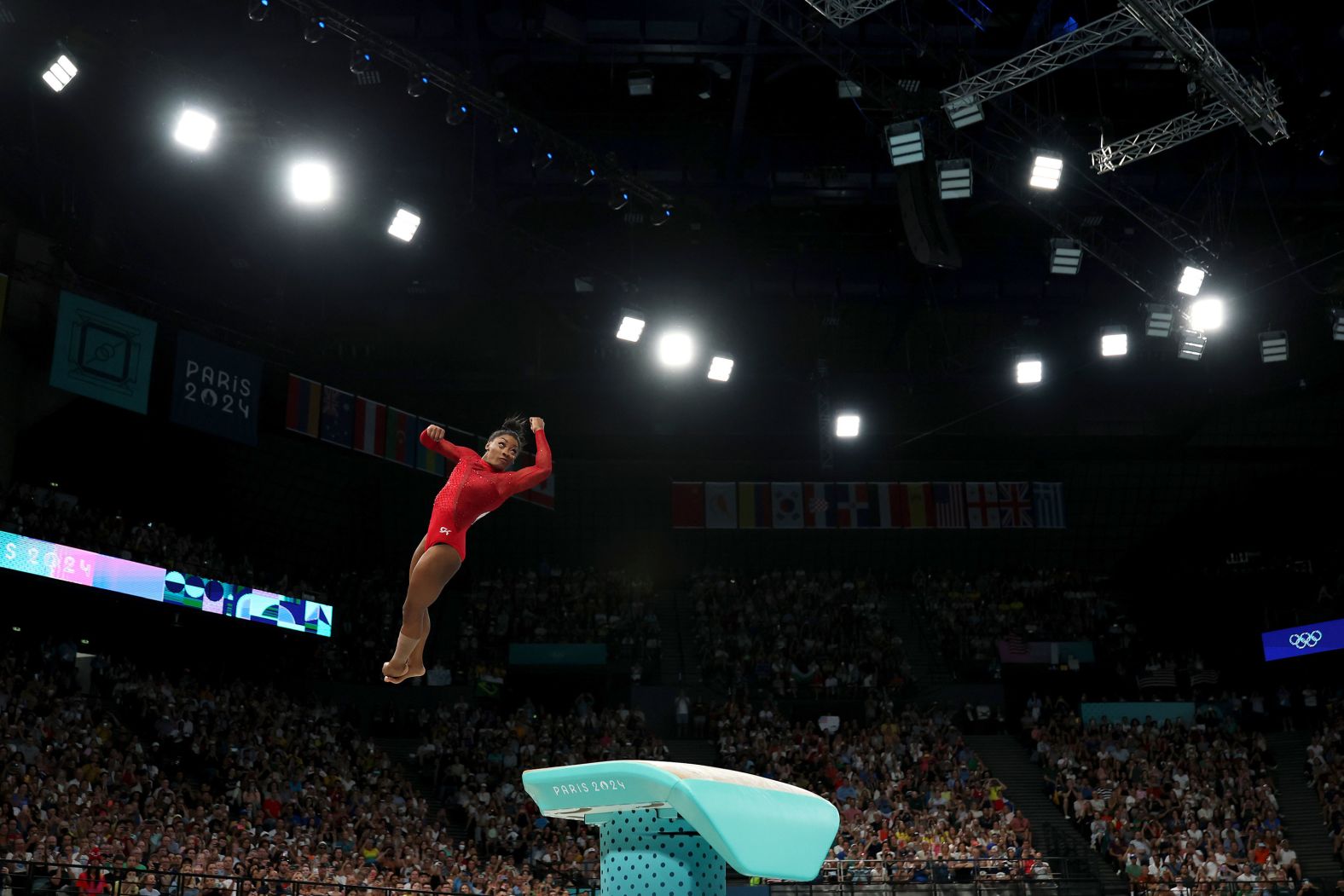 Biles competes in the individual vault final in August 2024. She took home the gold, her <a href="index.php?page=&url=https%3A%2F%2Fwww.cnn.com%2F2024%2F08%2F03%2Fsport%2Fsimone-biles-rebeca-andrade-vault-final-paris-olympics-spt-intl%2Findex.html" target="_blank">10th Olympic medal</a>.