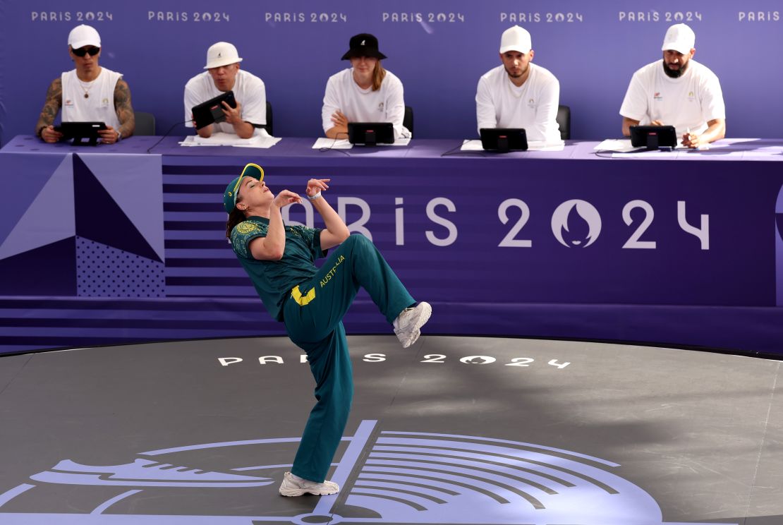 PARIS, FRANCE – AUGUST 09: B-Girl Raygun of Team Australia competes in the B-Girls Round Robin – Group B on Day 14 of the Paris 2024 Olympic Games at Place de la Concorde on August 9, 2024 in Paris, France. (Photo by Ezra Shaw/Getty Images)