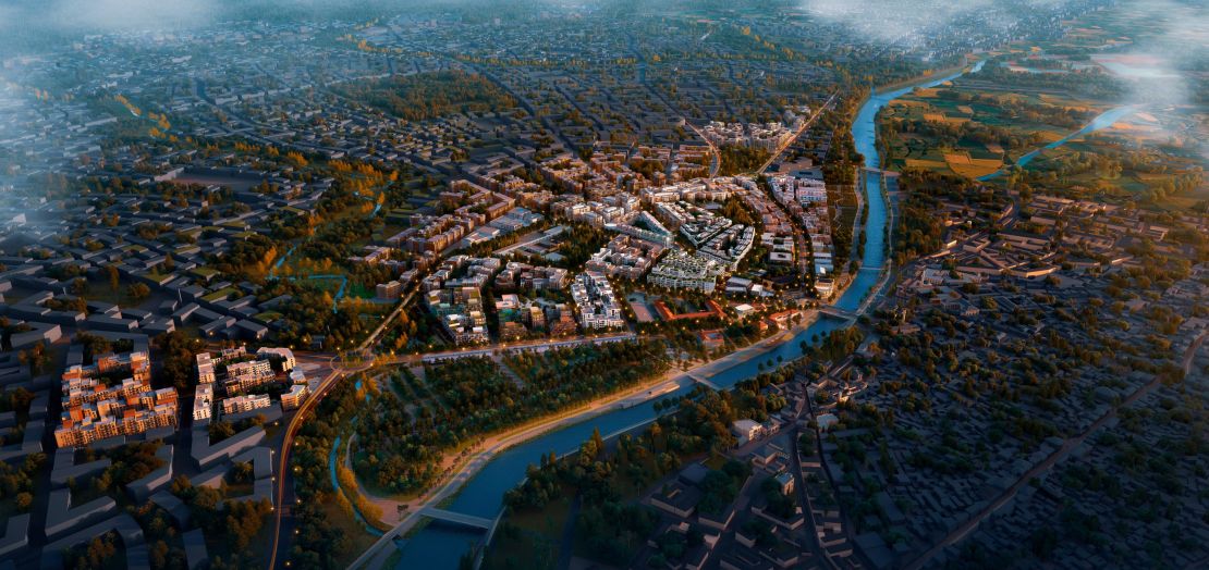 An artist's rendering of a revitalized Antakya, with the river at its heart.