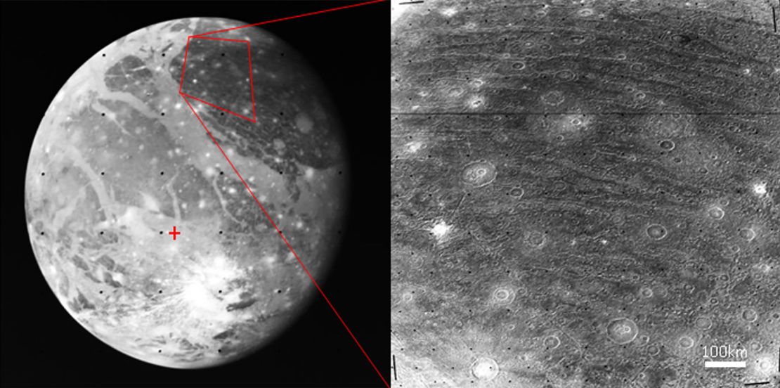 Ganymede is covered by furrows (right). In the largest system of furrows, the ridges<strong> </strong>form concentric circles around one specific spot (left, red cross).