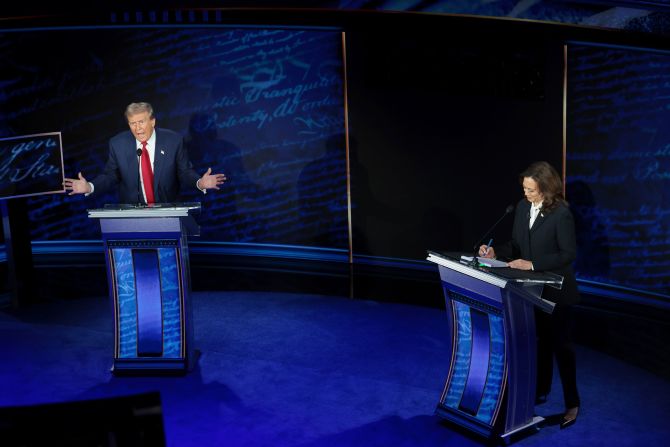 A countdown clock over debate moderators David Muir and Linsey Davis shows how much time Trump has left to answer a question during <a href="https://www.cnn.com/2024/09/10/politics/gallery/debate-trump-harris-photos/index.html" target="_blank">his presidential debate with Vice President Kamala Harris</a> in September 2024. Harris became the Democratic Party's nominee not long after <a href="https://www.cnn.com/2024/07/21/politics/inside-bidens-exit-from-2024-race/index.html" target="_blank">Biden dropped out of the race</a>.