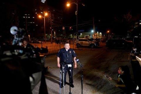Louisville Metro Police Department Interim Police Chief Robert Schroeder speaks to the media as he confirms two officers have been shot, after protesters clashed with police in Louisville, Kentucky, on September 23. 