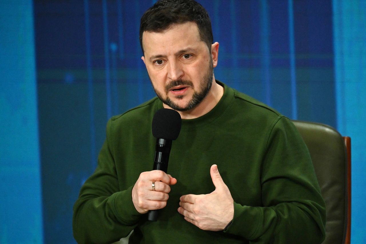 Ukrainian President Volodymyr Zelensky speaks at a press conference in Kyiv, Ukraine, on February 25. 