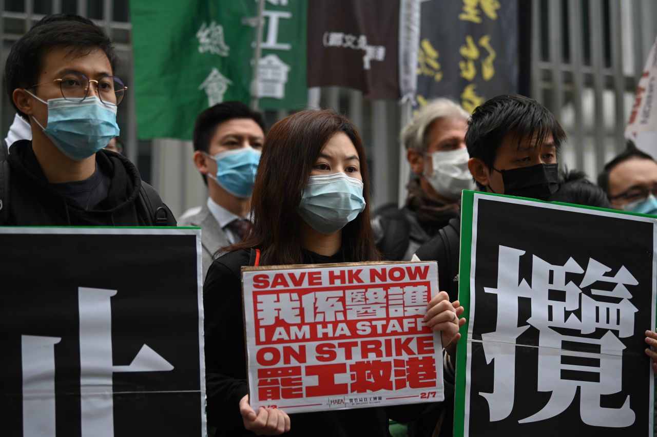 Medical workers and activists on strike near the government headquarters in Hong Kong on February 5, 2020.
