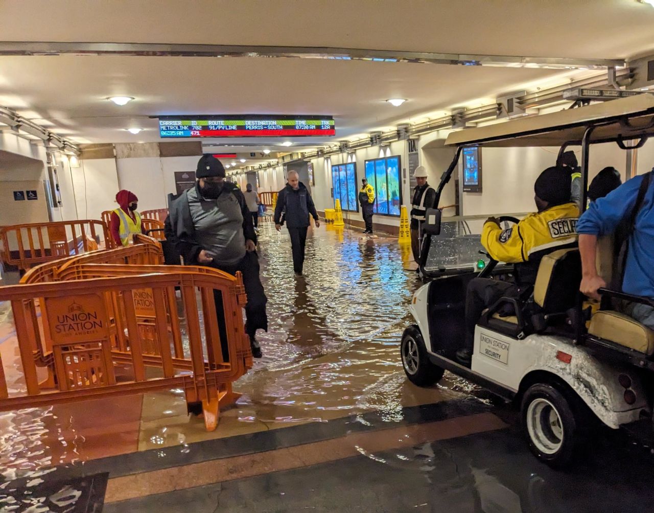 Flooding is seen at Los Angeles Union Station on Monday.