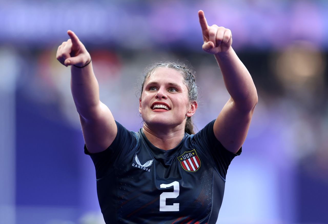 Ilona Maher of Team USA celebrates following victory during the Women's Rugby Sevens Bronze medal match against Australia on July 30.