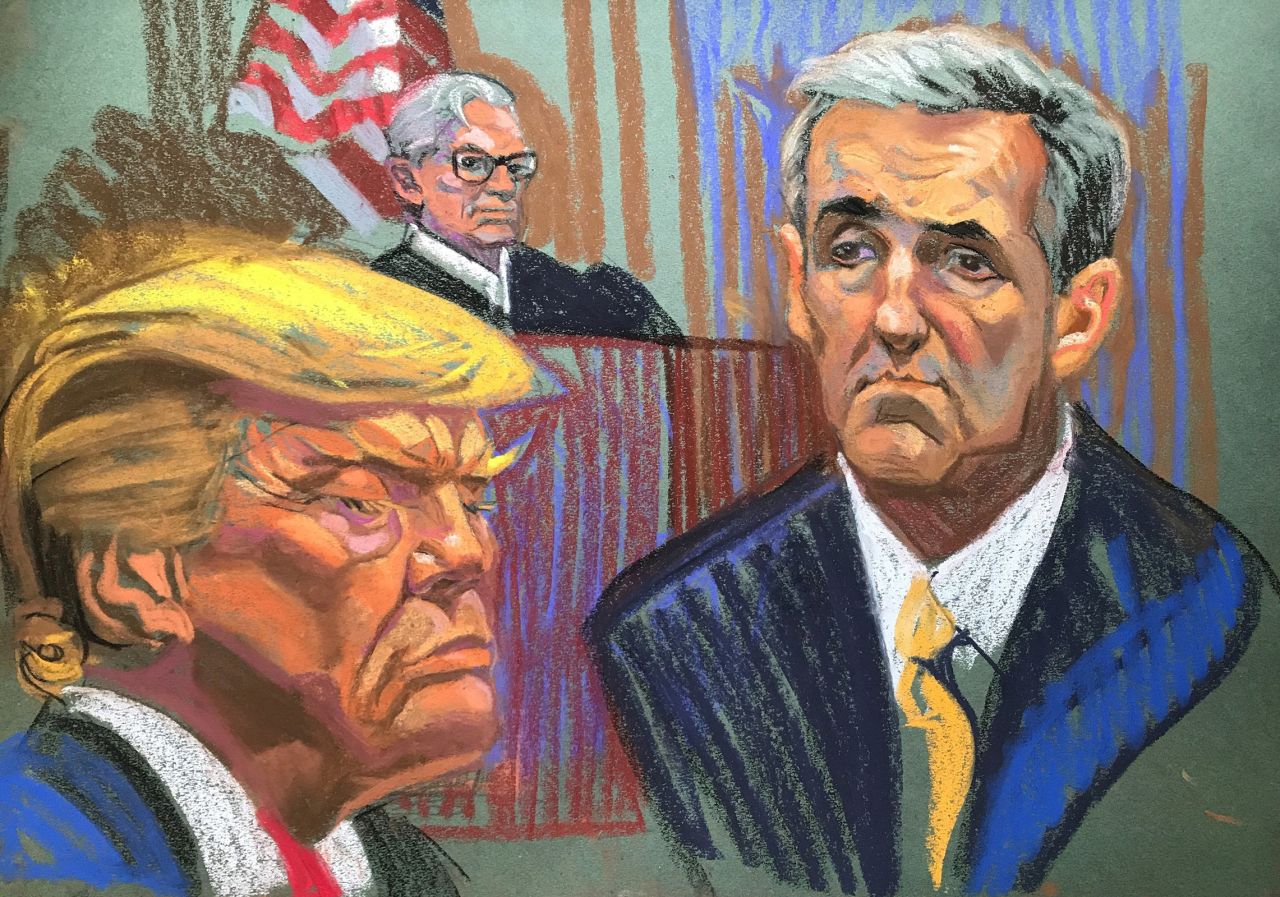 This sketch from court shows former President Donald Trump, left, Michael Cohen, right, and Judge Juan Merchan.