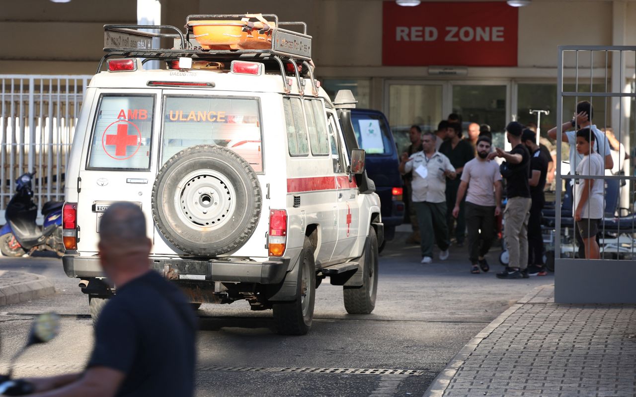 An ambulance arrives at a hospital as more than 1,000 people were wounded on Tuesday in the pager explosions in Beirut,?Lebanon.