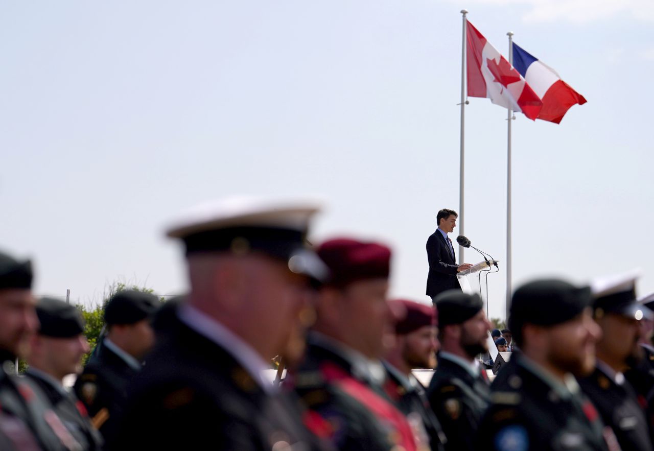 Canadian Prime Minister Justin Trudeau speaks during the Government of Canada ceremony to mark the 80th anniversary of D-Day, at Juno Beach in Courseulles-sur-Mer, Normandy, France, on June 6. 