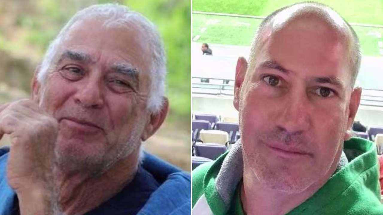 Gadi Moses, 79, and Gadi Katzir, 47, are seen in images taken prior to their kidnapping and released by the Hostages and Missing Families Forum