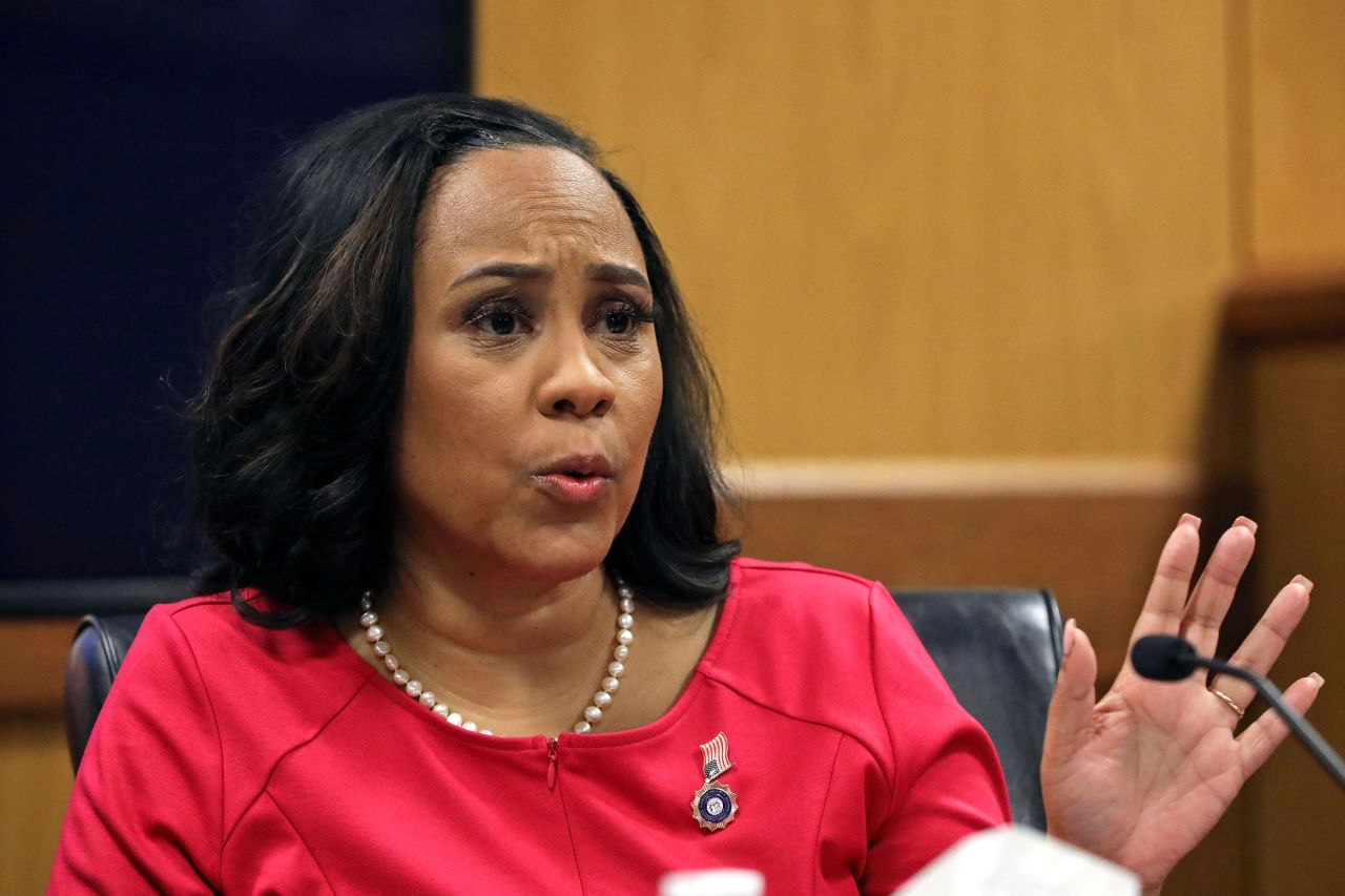 Fulton County District Attorney Fani Willis testifies during a hearing on the Georgia election interference case on Thursday in Atlanta.