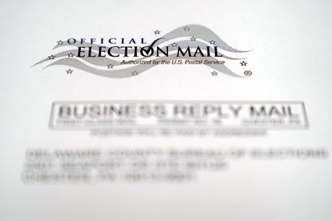 In this Oct. 13, 2020, photo, an envelope of a Pennsylvania official mail-in ballot for the 2020 general election in Marple Township, Pennsylvania.