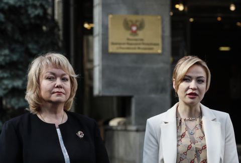 Ambassador of the self-proclaimed Donetsk People's Republic (DPR) to Russia, Olga Makeeva, left, and Minister of Foreign Affairs Natalia Nikonorova, right, outside the DPR embassy in Moscow on July 12.