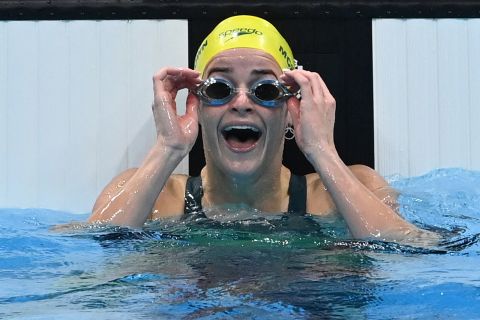 Australia's Kaylee McKeown celebrates after winning the 100m backstroke on July 27.