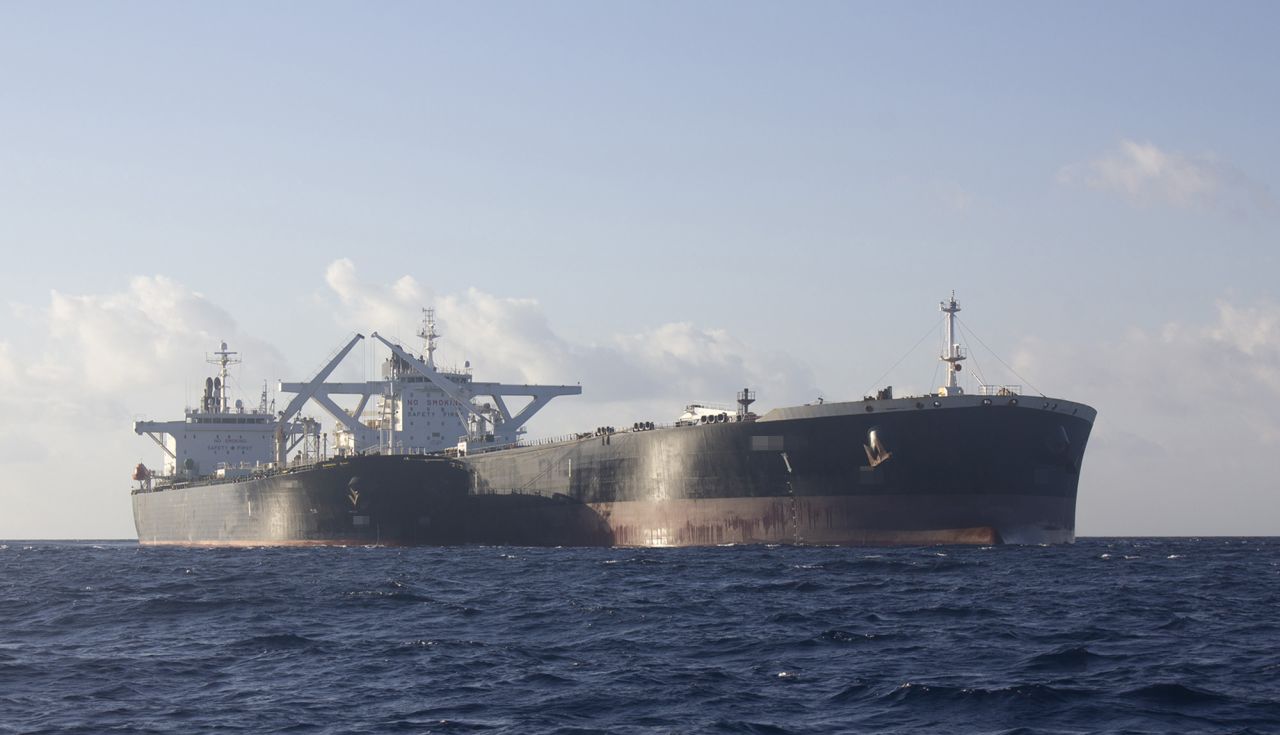 Two dark fleet oil tankers engaged in a possible ship-to-ship transfer of Russian crude oil in the Laconian Gulf in early February. CNN has added blur to this image to protect the identities of the ships.