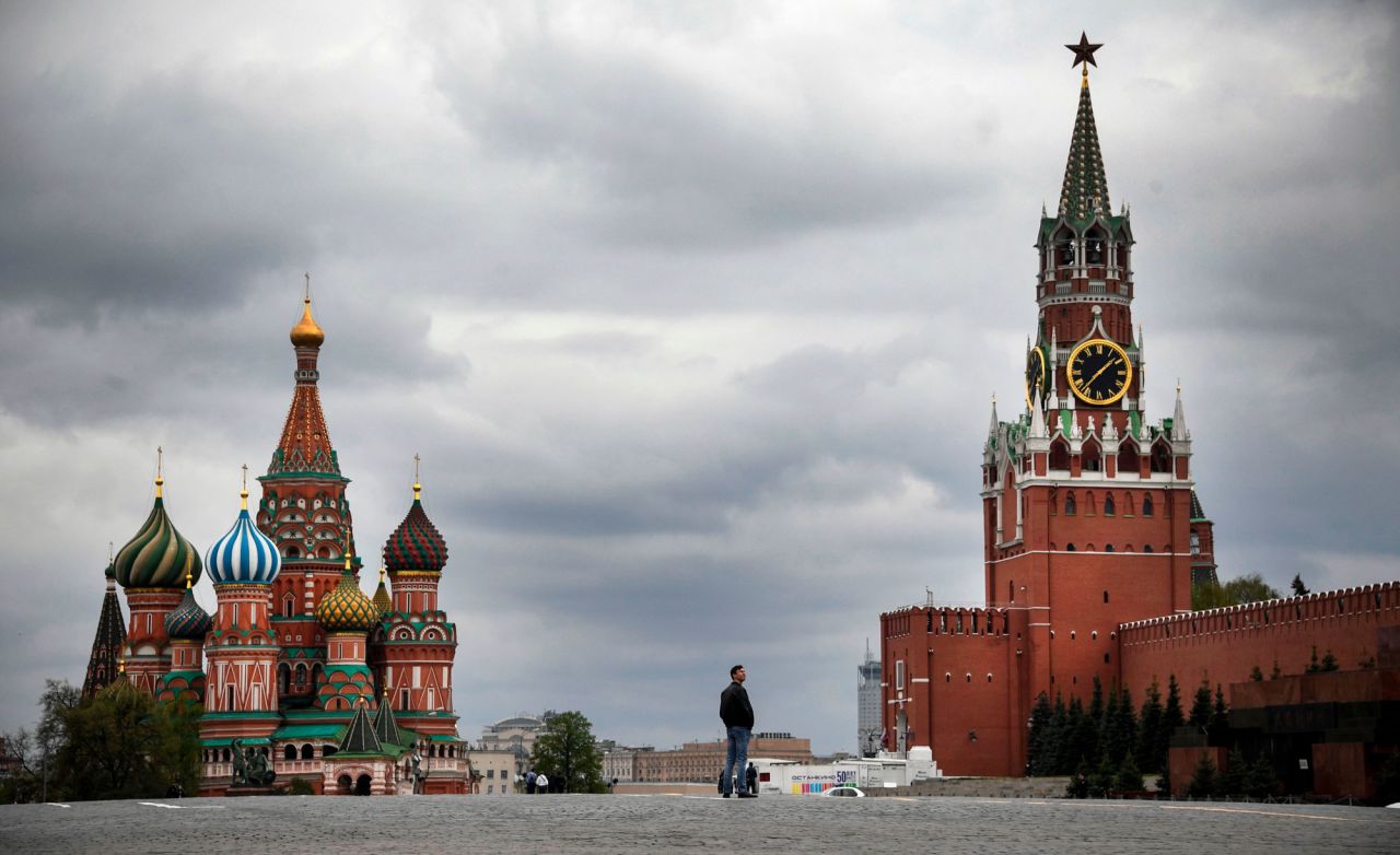 A man walks on Red Square in downtown Moscow on May 6.