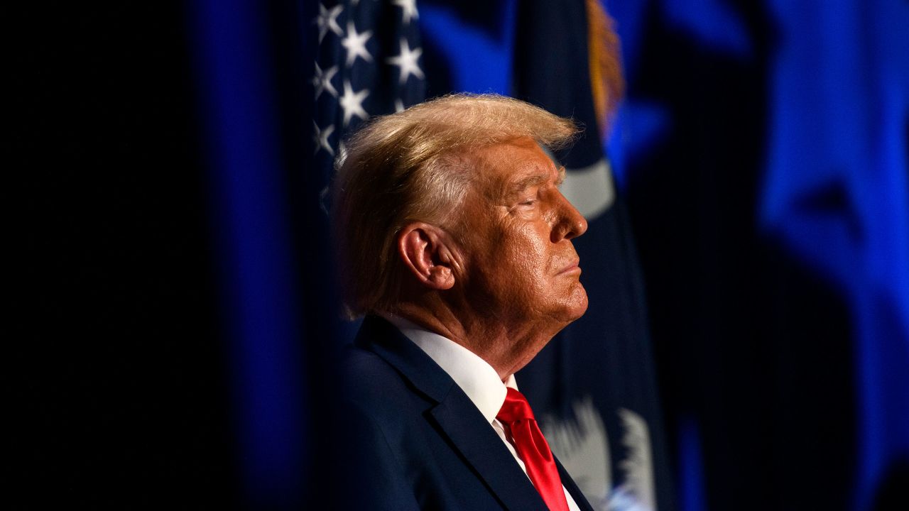 Former President Donald Trump pauses during his speech for cheers from the crowd at the Silver Elephant Dinner in Columbia, South Carolina, on August 5.