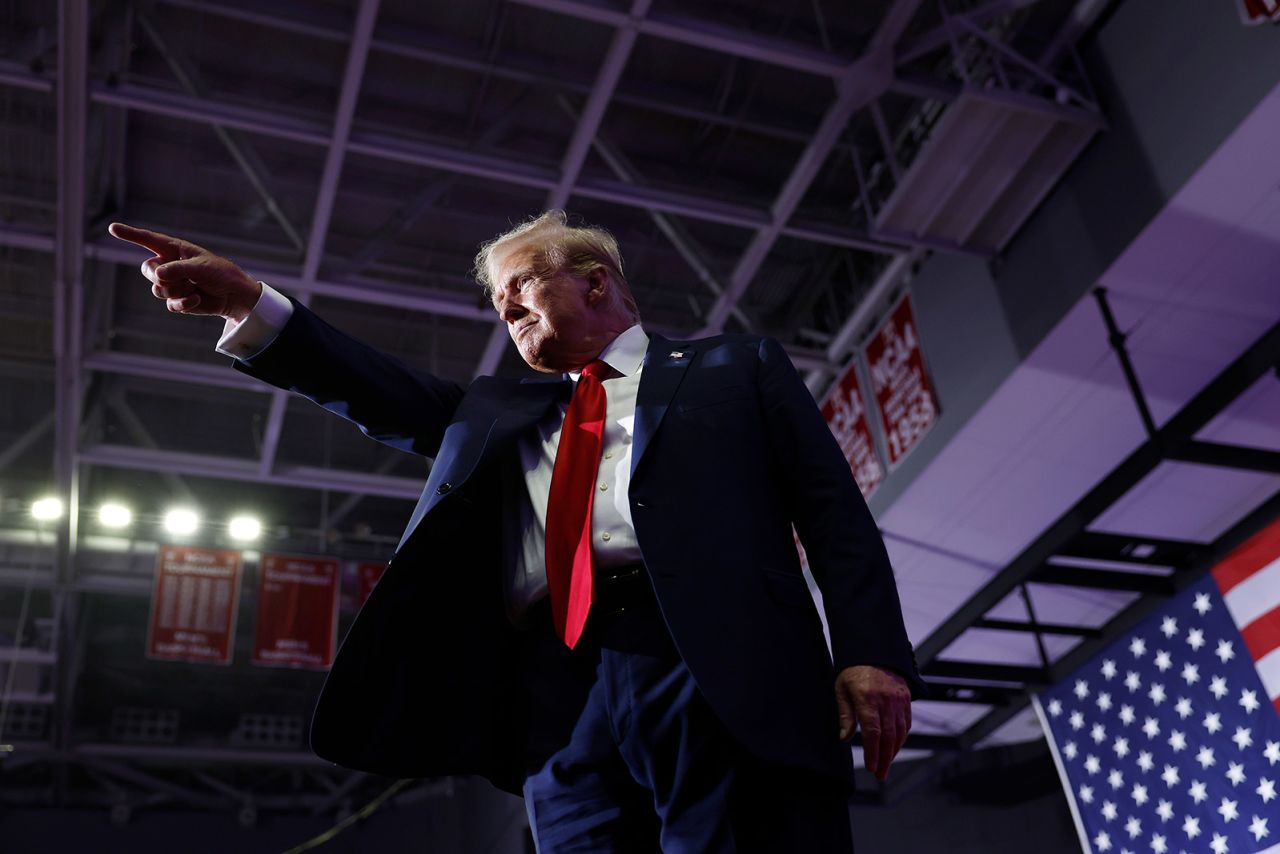 Republican presidential candidate, former President Donald Trump walks offstage after speaking at a campaign rally at the Liacouras Center in Philadelphia, Pennsylvania on June 22.