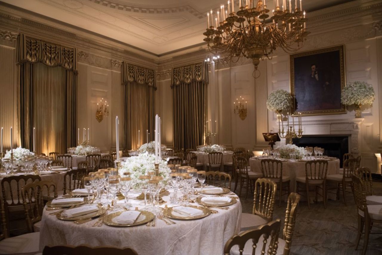 The State Dining Room is seen ahead of a State Dinner in honor of France at the White House in Washington, DC, April 23, 2018.