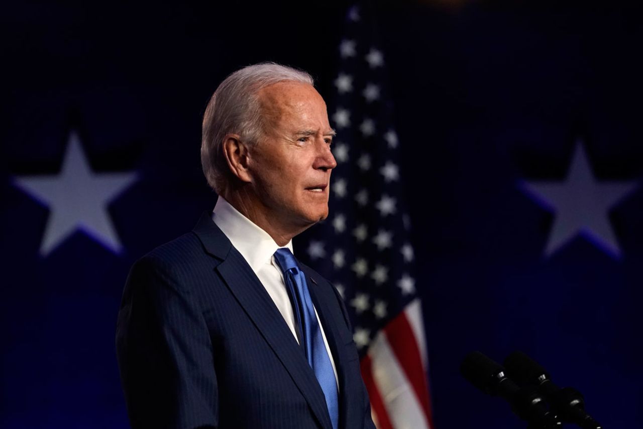 Democratic presidential nominee Joe Biden addresses the nation at the Chase Center on November 06 in Wilmington, Delaware.