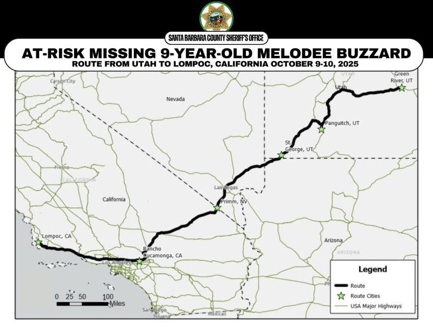 The sheriff's office released a map of Ashlee and Melodee Buzzard's route on a road trip last month.