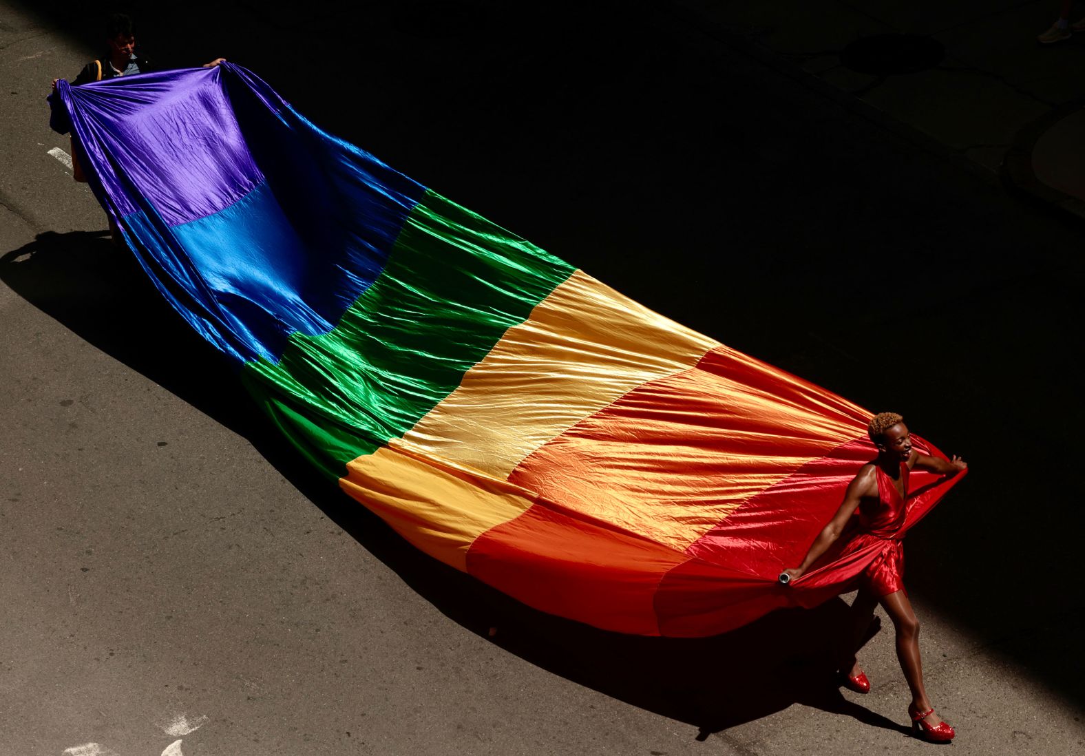 A marcher takes part in the Boston Pride for the People parade on Saturday, June 8.