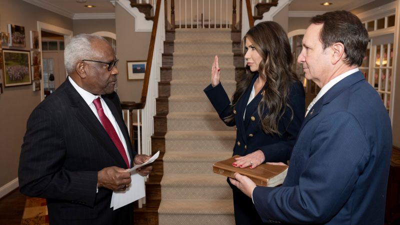 At the Supreme Court, at the White House and at his house, Clarence Thomas is the go-to justice to swear in Trump’s Cabinet