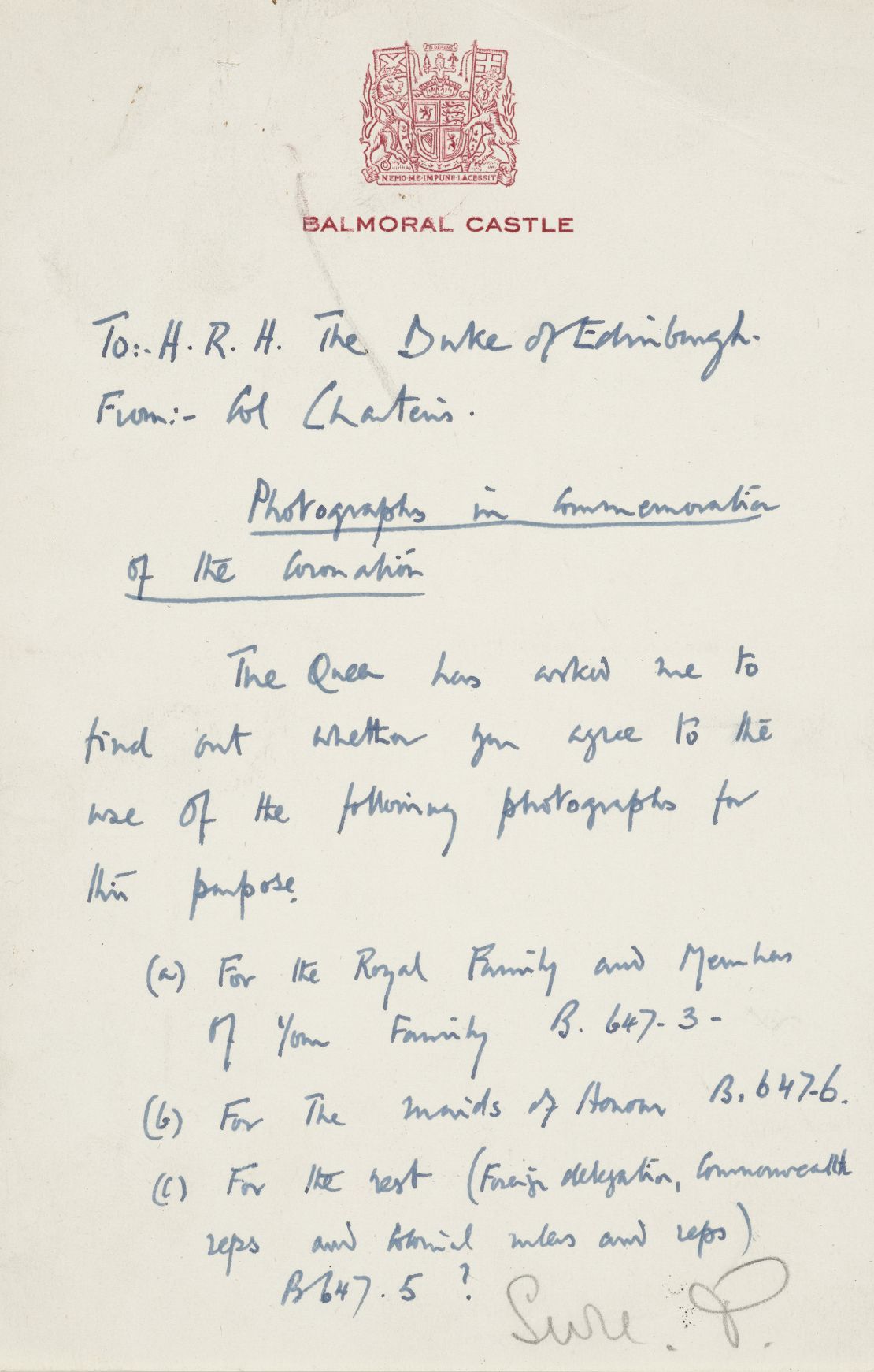 Handwritten note on the use of some coronation photographs, 1953, which features in the exhibition alongside the above contact sheet.